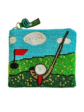 Beaded Golf Coin Purse, Golf Bag Golf Clubs Golf Ball Lily Posh